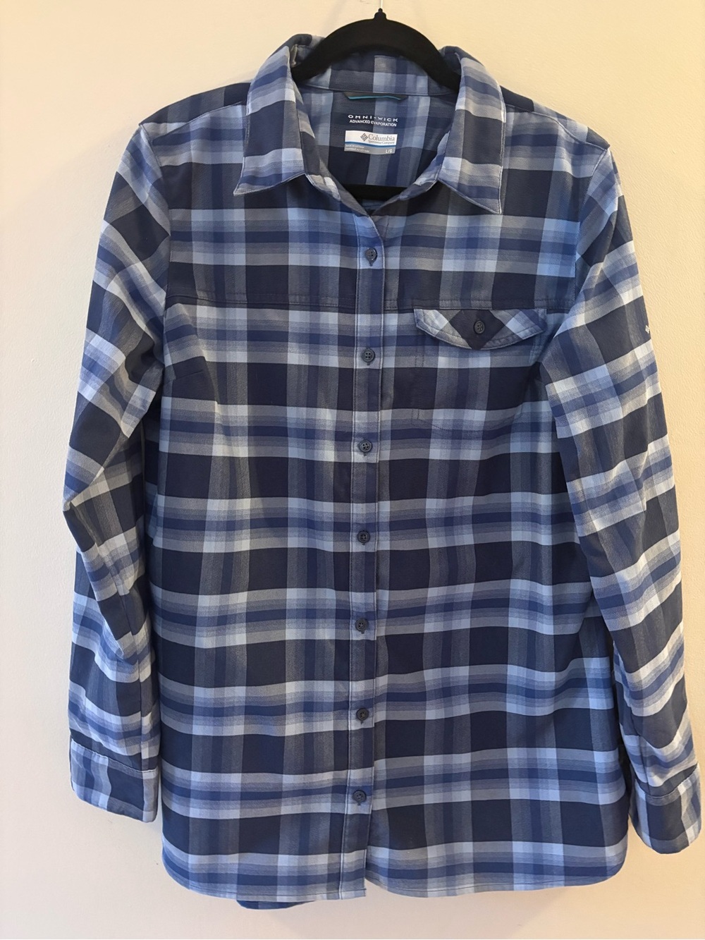 Columbia Omni-Wick Plaid Long Sleeve Button Down Shirt Blue Gray Womens Sz L